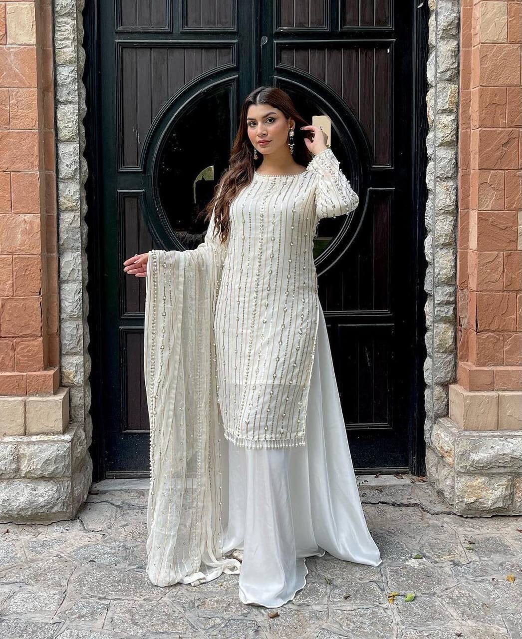 White Heavy Faux Georgette With Heavy Embroidery Sequence Plazzo Suit Designer Suits Shopin Di Apparels