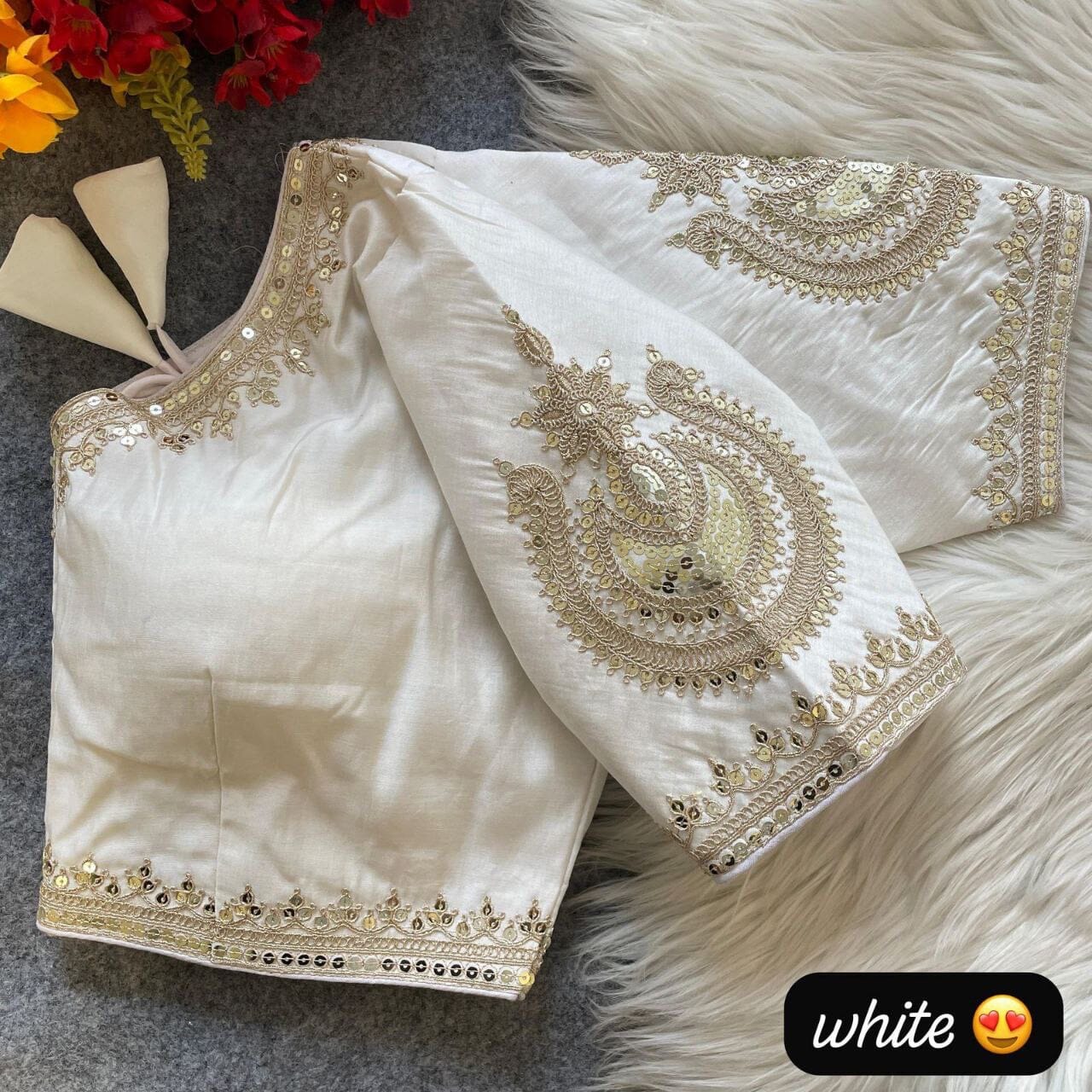 White Heavy Pure Roman Silk Embroidered Sequence Work Readymade Blouse Shopin Di Apparels