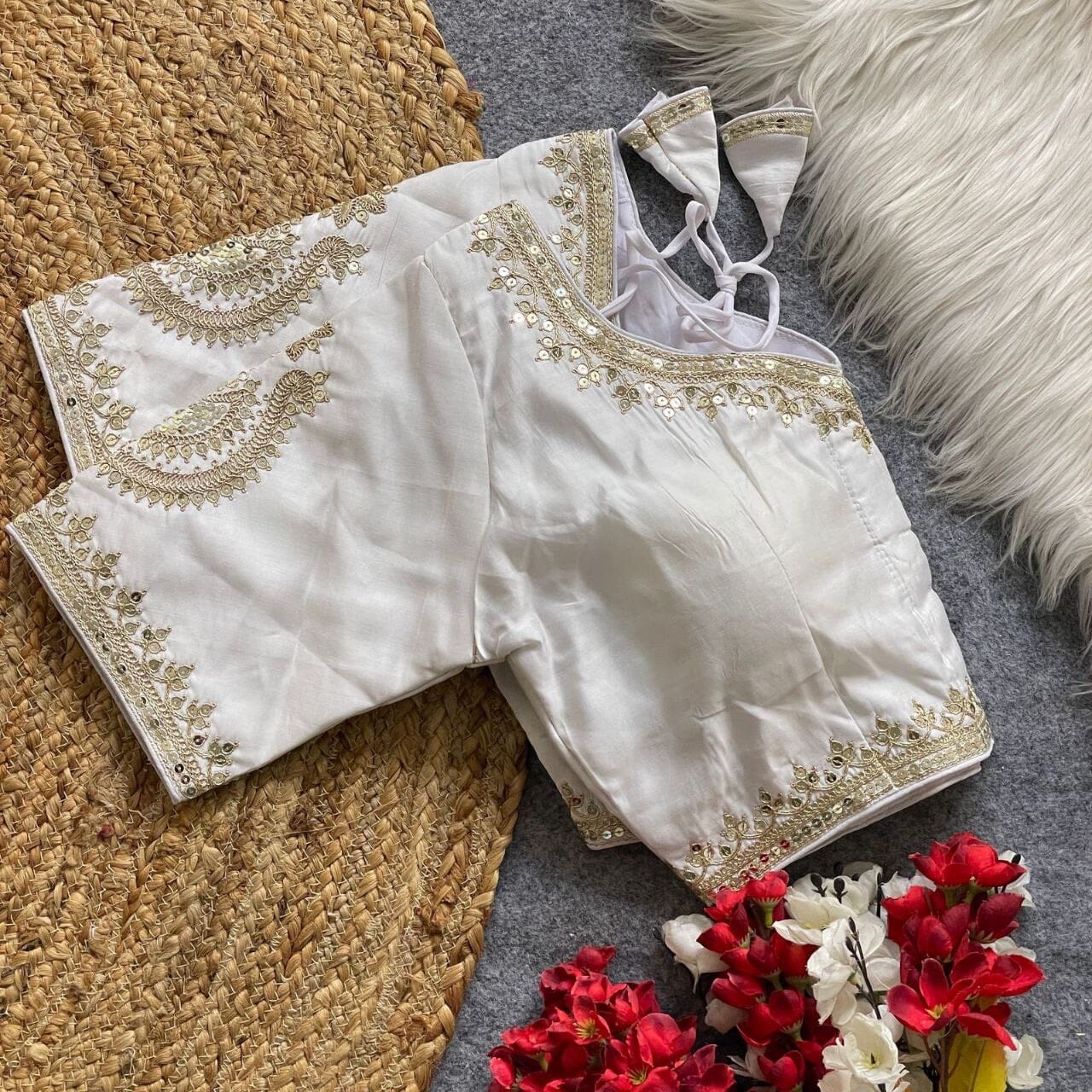 White Heavy Pure Roman Silk Embroidered Sequence Work Readymade Blouse Shopin Di Apparels
