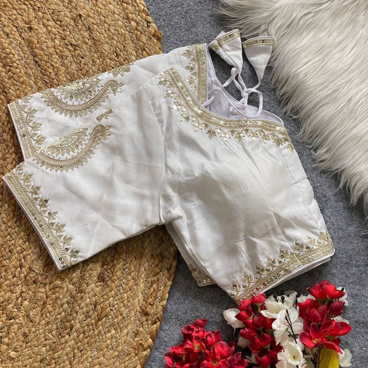 White Heavy Pure Roman Silk Embroidered Sequence Work Readymade Blouse Shopin Di Apparels