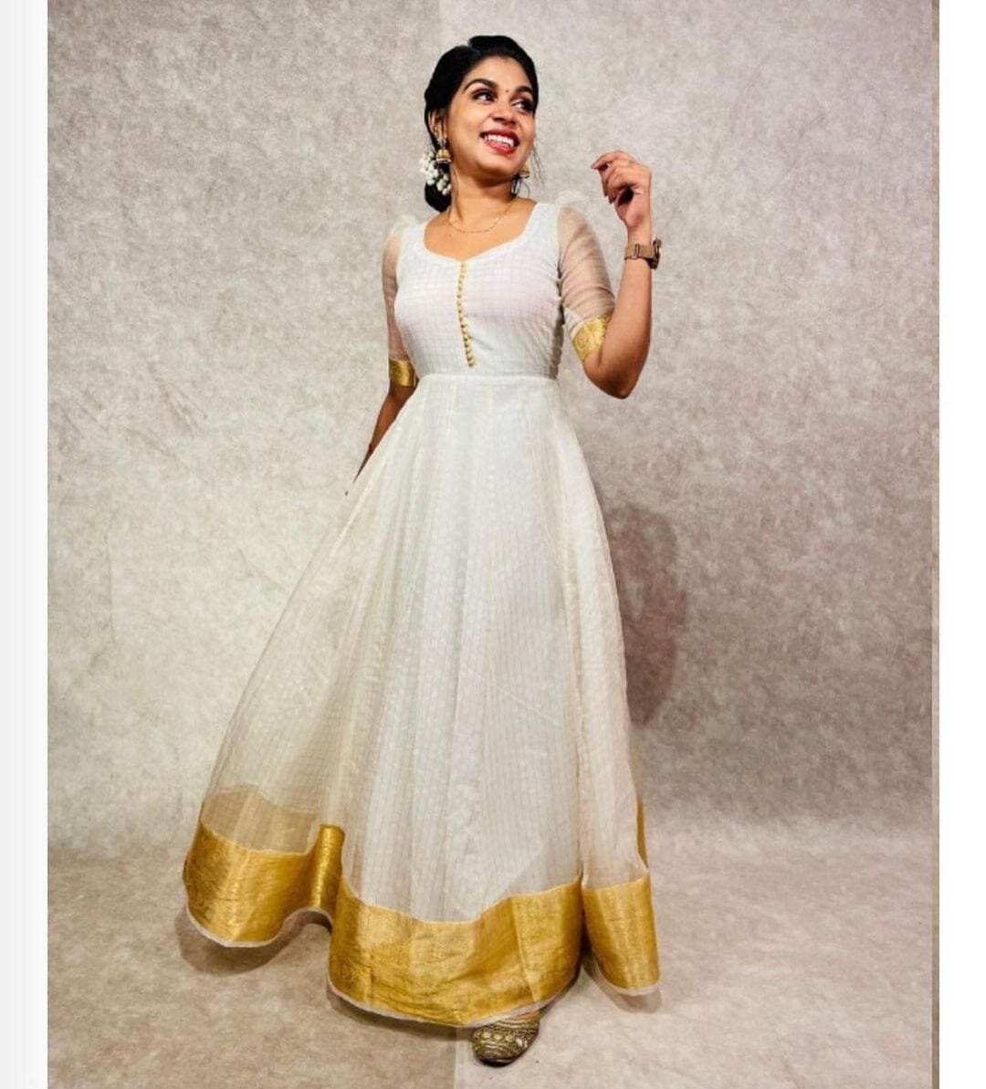 White Jaquard Silk Kerala Look Gown Gowns shopindi.sg