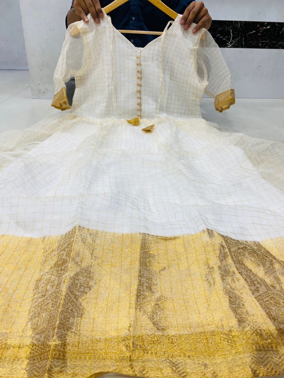 White Jaquard Silk Kerala Look Gown Gowns shopindi.sg