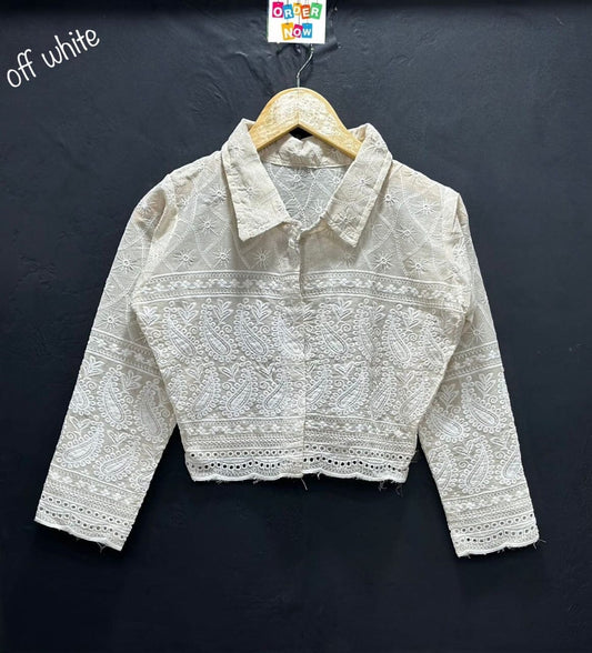 White Lucknowi Sequence Work with Long Sleeve Western Crop Top Western Tops Shopin Di Apparels