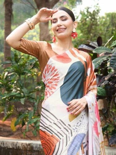 White multi color Satin Silk Saree with Blouse Satin Saree Shopin Di Apparels