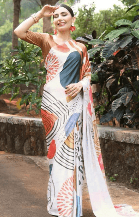 White multi color Satin Silk Saree with Blouse Satin Saree Shopin Di Apparels
