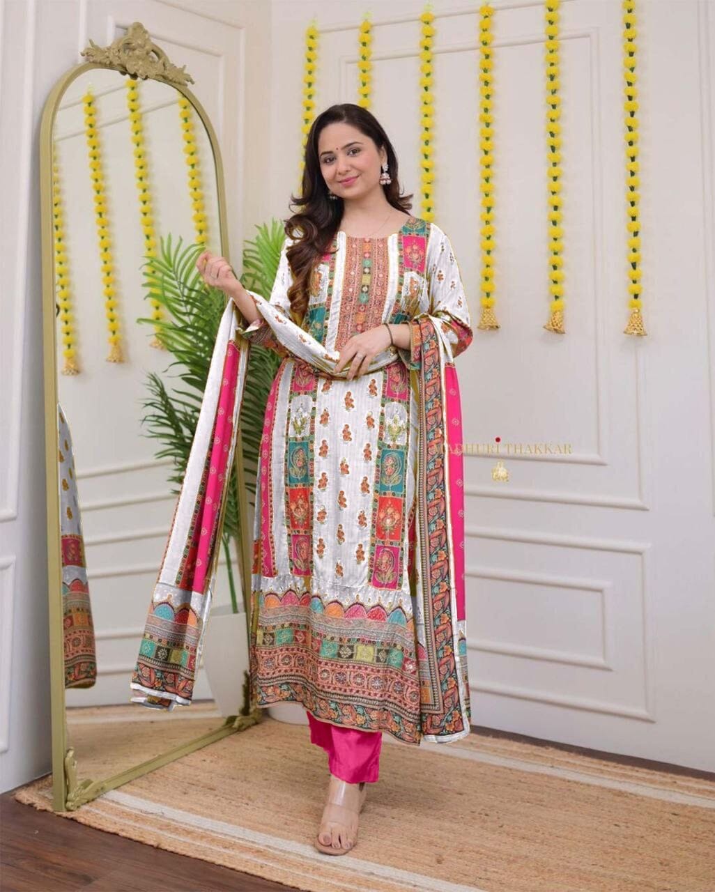 White Multicoloured print with Embroidered Kurti with Dupatta and Pant Set Kurti with Bottom and Dupatta Shopin Di Apparels