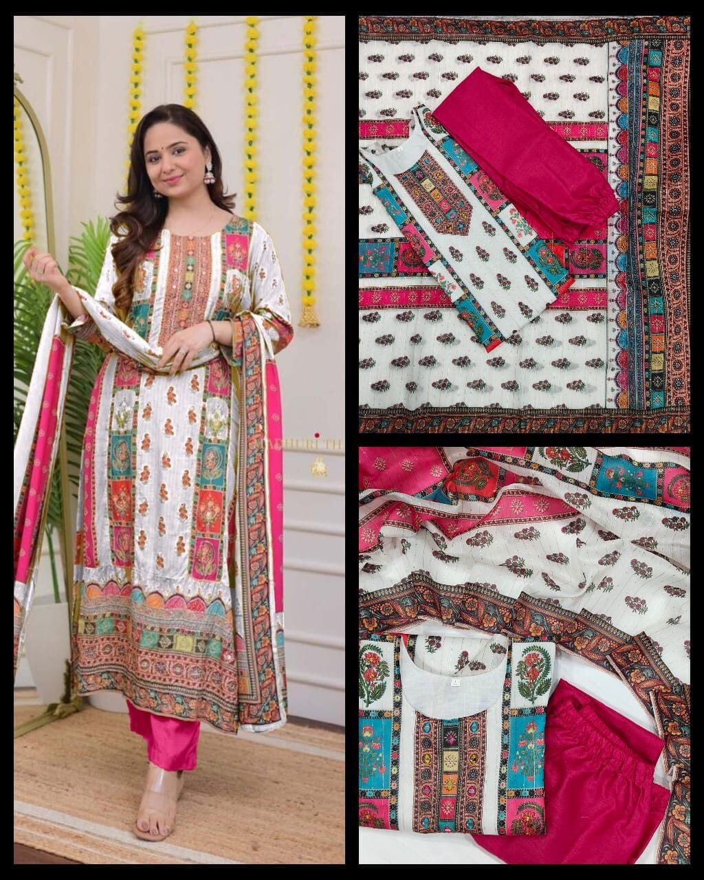 White Multicoloured print with Embroidered Kurti with Dupatta and Pant Set Kurti with Bottom and Dupatta Shopin Di Apparels