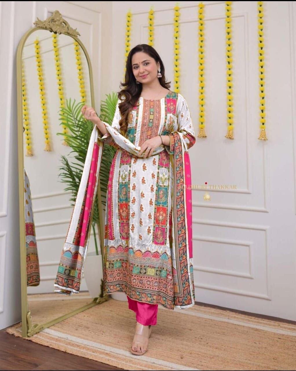 White Multicoloured print with Embroidered Kurti with Dupatta and Pant Set Kurti with Bottom and Dupatta Shopin Di Apparels
