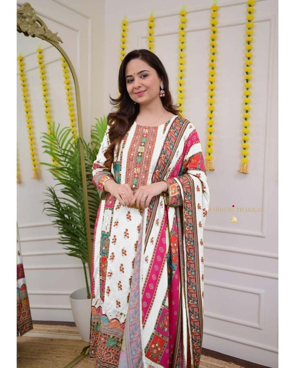White Multicoloured print with Embroidered Kurti with Dupatta and Pant Set Kurti with Bottom and Dupatta Shopin Di Apparels