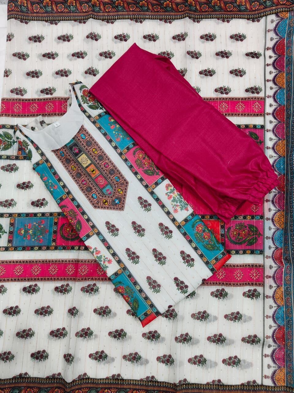 White Multicoloured print with Embroidered Kurti with Dupatta and Pant Set Kurti with Bottom and Dupatta Shopin Di Apparels