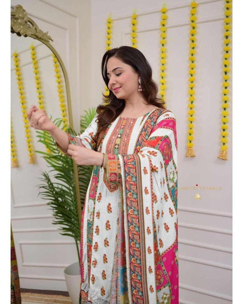 White Multicoloured print with Embroidered Kurti with Dupatta and Pant Set Kurti with Bottom and Dupatta Shopin Di Apparels
