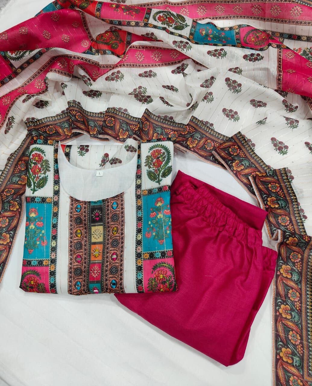 White Multicoloured print with Embroidered Kurti with Dupatta and Pant Set Kurti with Bottom and Dupatta Shopin Di Apparels