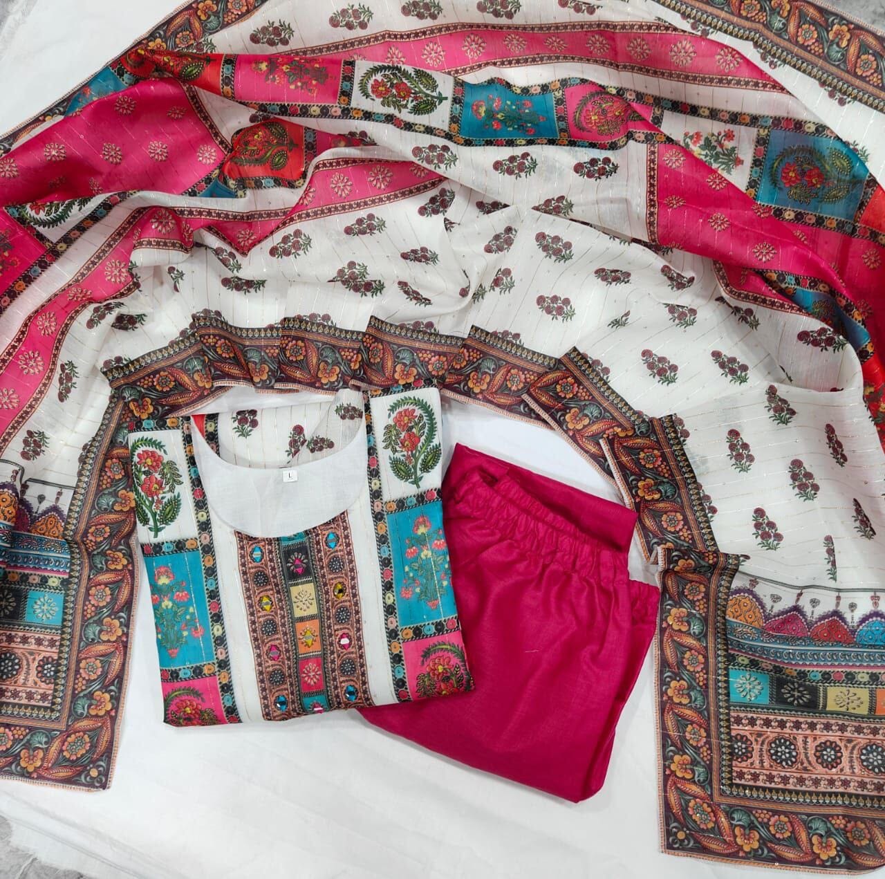 White Multicoloured print with Embroidered Kurti with Dupatta and Pant Set Kurti with Bottom and Dupatta Shopin Di Apparels