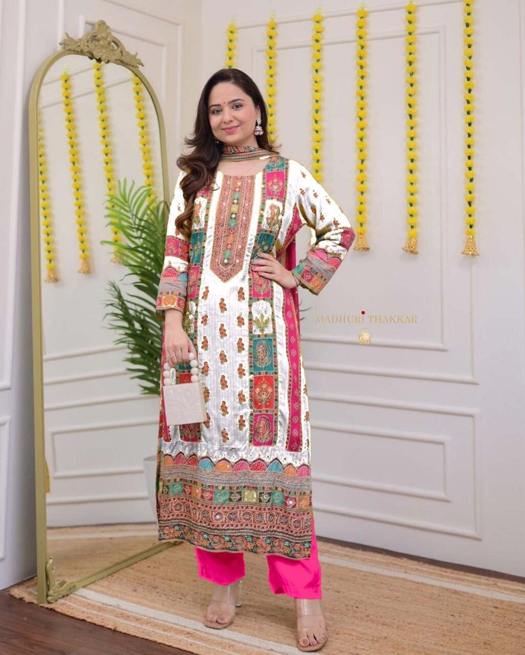 White Multicoloured print with Embroidered Kurti with Dupatta and Pant Set Kurti with Bottom and Dupatta Shopin Di Apparels