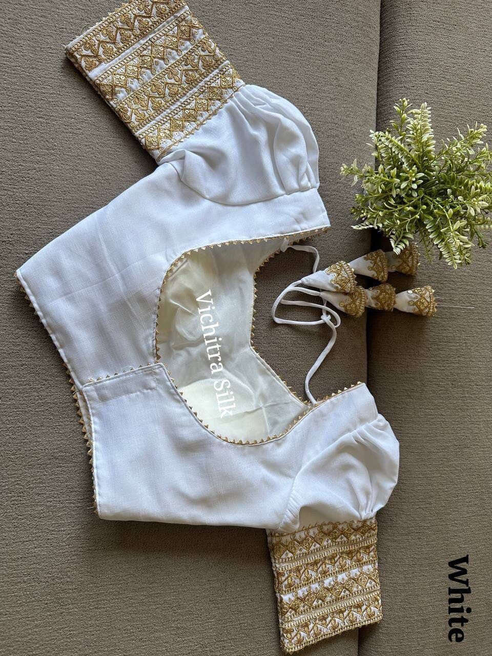 White Vichitra Silk Readymade Blouse with Puff Sleeves and Embroidery Readymade Blouse Shopin Di Apparels
