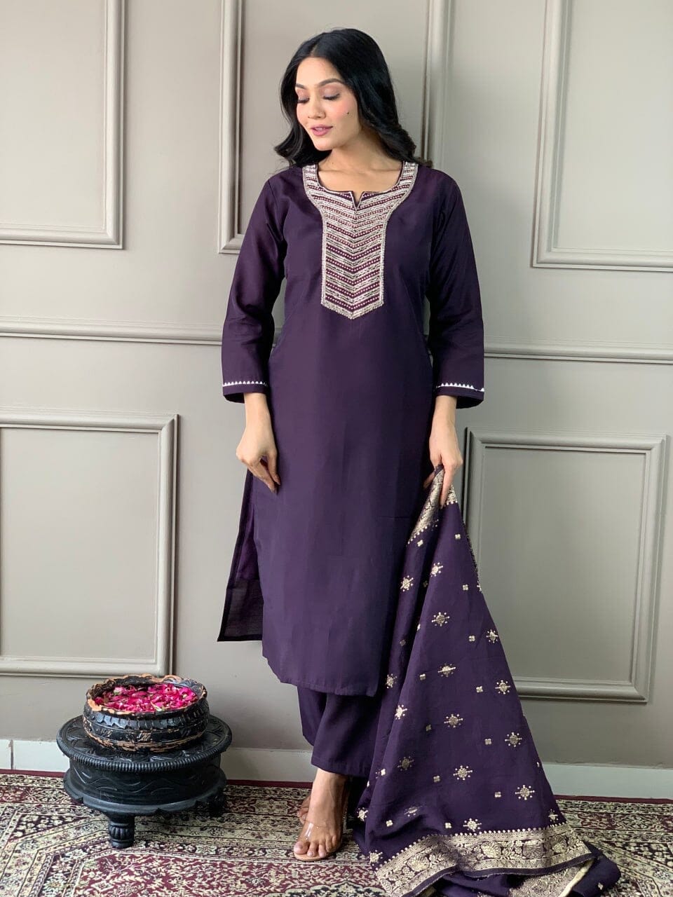 Wine Embroidered Chanderi Silk Top with Silk Dupatta and Pant set Kurti with Bottom and Dupatta Shopin Di Apparels