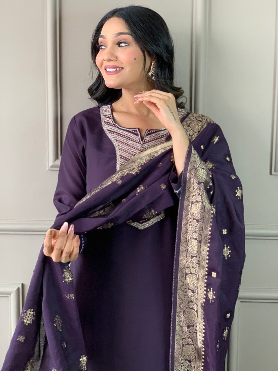 Wine Embroidered Chanderi Silk Top with Silk Dupatta and Pant set Kurti with Bottom and Dupatta Shopin Di Apparels