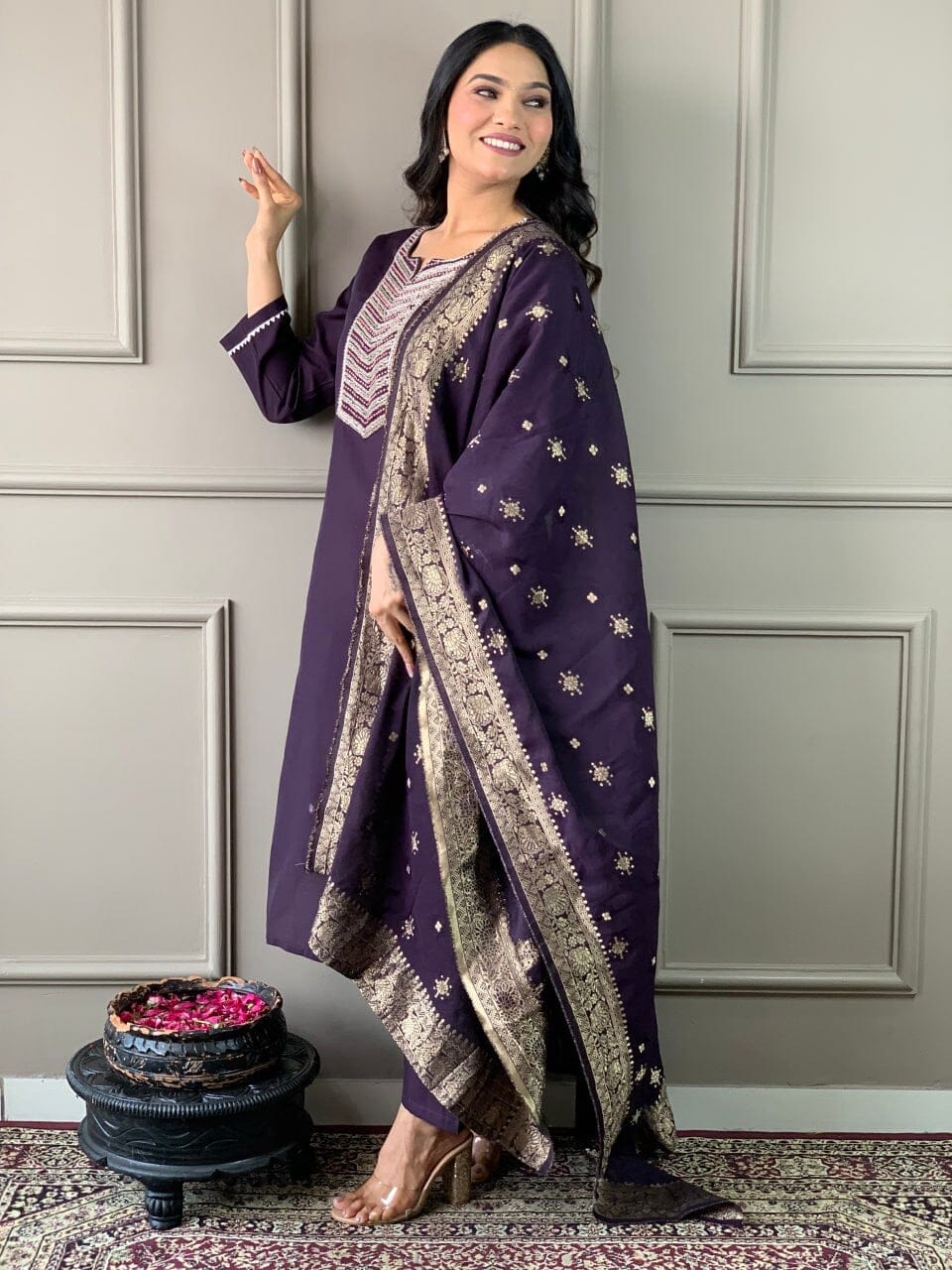 Wine Embroidered Chanderi Silk Top with Silk Dupatta and Pant set Kurti with Bottom and Dupatta Shopin Di Apparels