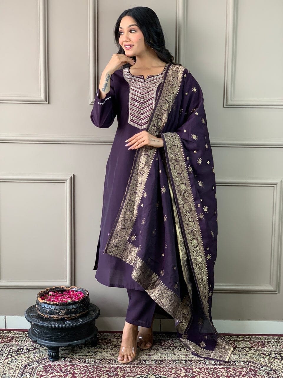 Wine Embroidered Chanderi Silk Top with Silk Dupatta and Pant set Kurti with Bottom and Dupatta Shopin Di Apparels