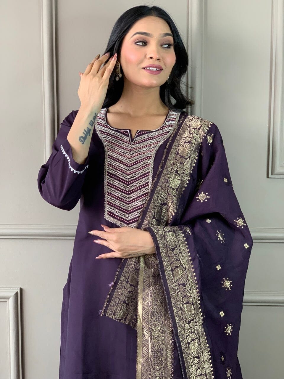 Wine Embroidered Chanderi Silk Top with Silk Dupatta and Pant set Kurti with Bottom and Dupatta Shopin Di Apparels