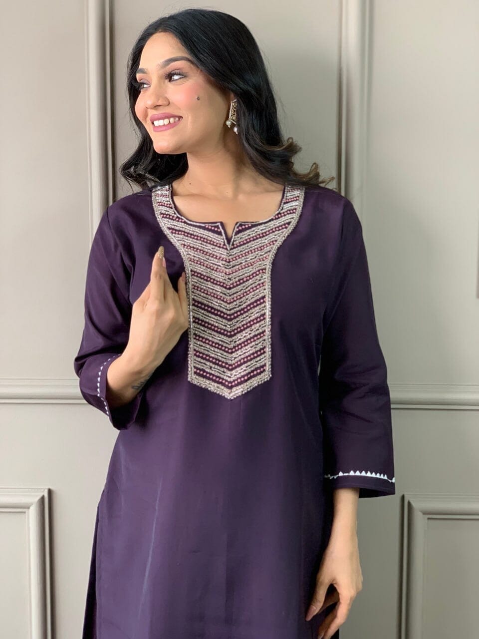 Wine Embroidered Chanderi Silk Top with Silk Dupatta and Pant set Kurti with Bottom and Dupatta Shopin Di Apparels