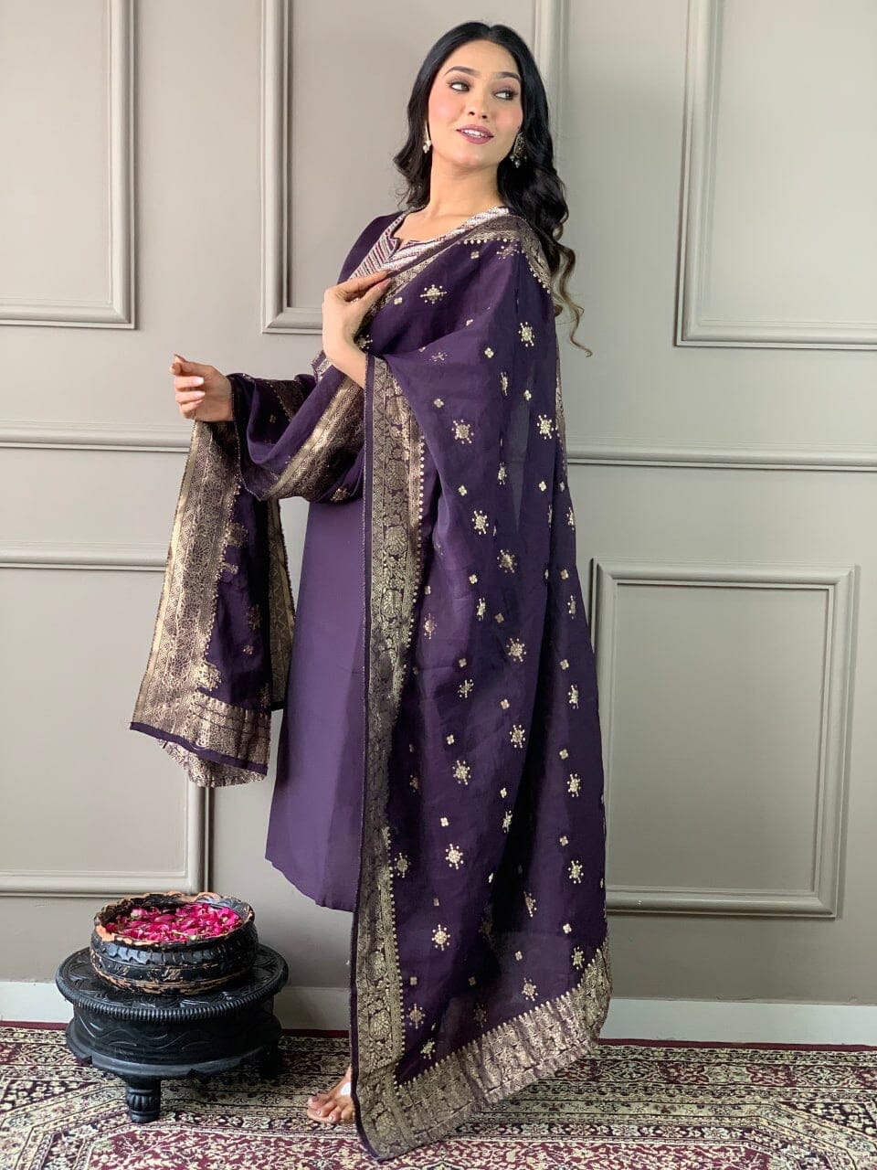 Wine Embroidered Chanderi Silk Top with Silk Dupatta and Pant set Kurti with Bottom and Dupatta Shopin Di Apparels