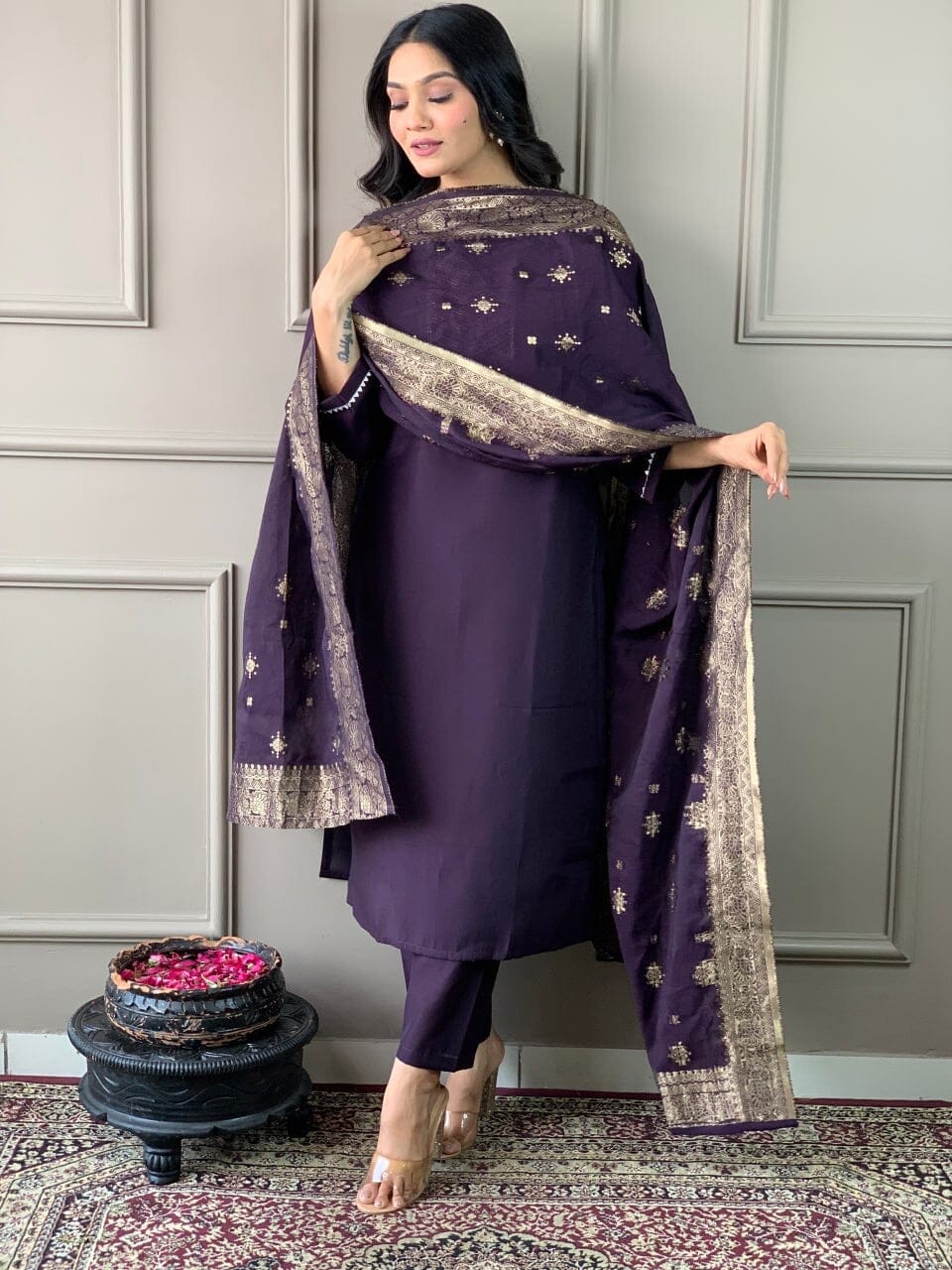 Wine Embroidered Chanderi Silk Top with Silk Dupatta and Pant set Kurti with Bottom and Dupatta Shopin Di Apparels