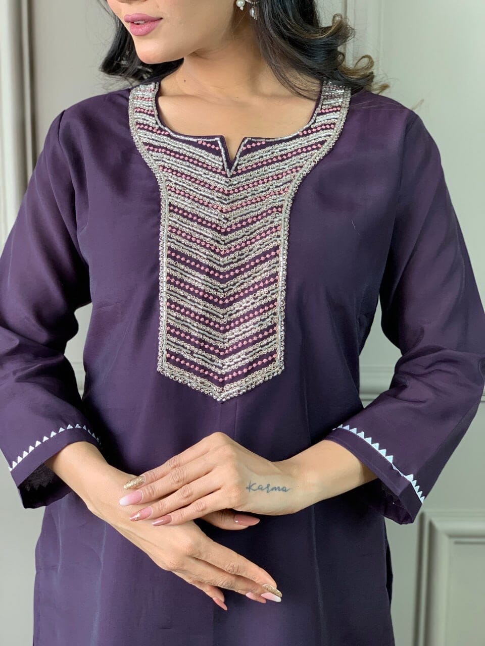 Wine Embroidered Chanderi Silk Top with Silk Dupatta and Pant set Kurti with Bottom and Dupatta Shopin Di Apparels