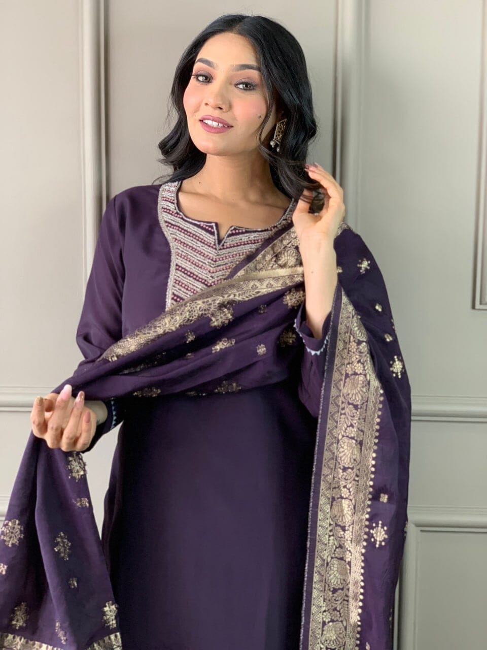 Wine Embroidered Chanderi Silk Top with Silk Dupatta and Pant set Kurti with Bottom and Dupatta Shopin Di Apparels