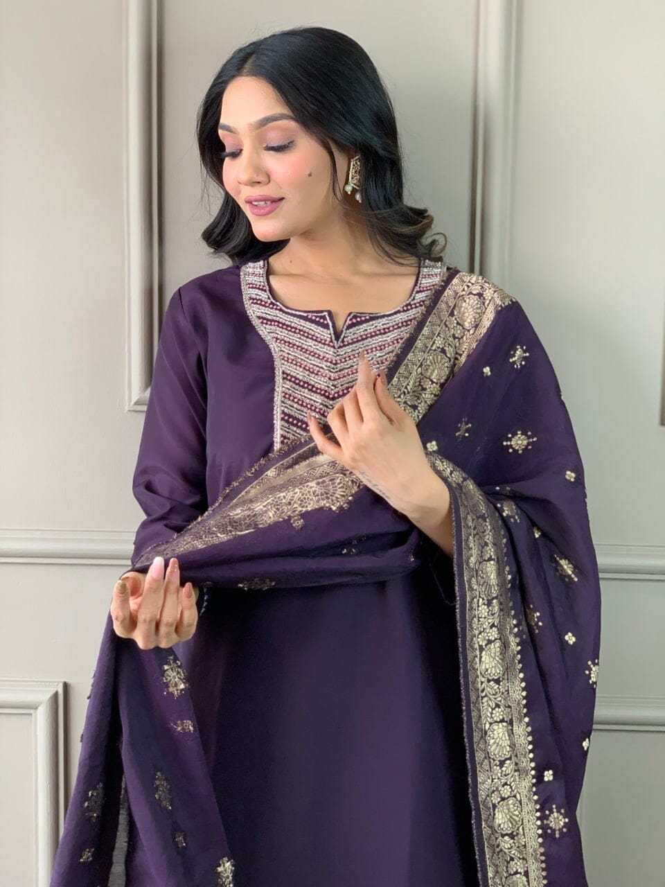 Wine Embroidered Chanderi Silk Top with Silk Dupatta and Pant set Kurti with Bottom and Dupatta Shopin Di Apparels