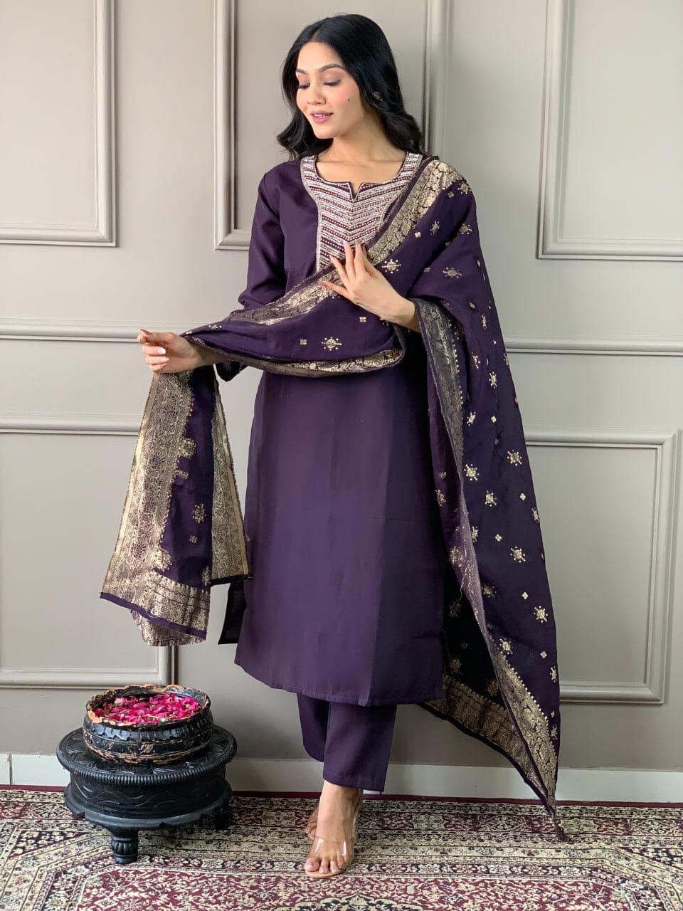 Wine Embroidered Chanderi Silk Top with Silk Dupatta and Pant set Kurti with Bottom and Dupatta Shopin Di Apparels