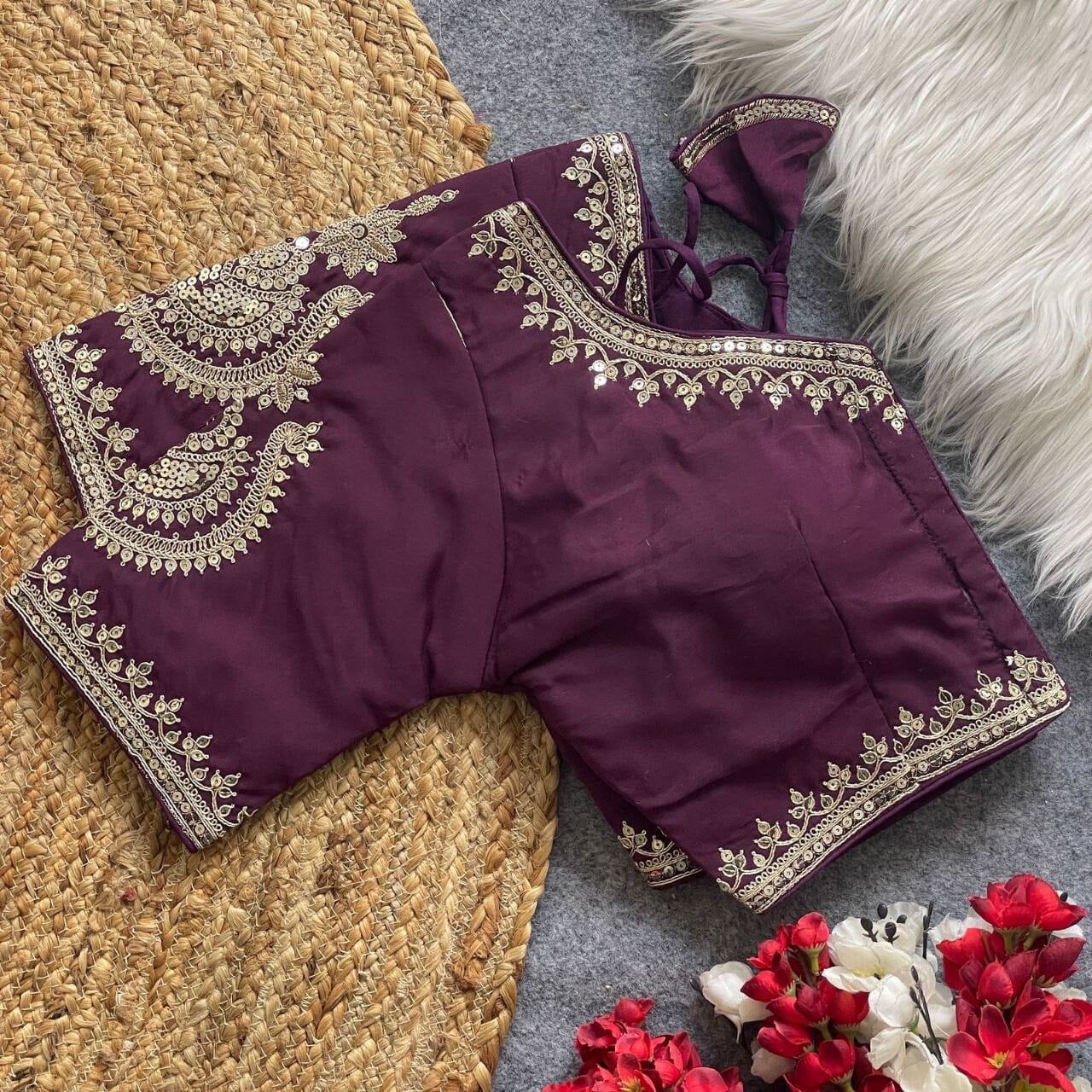 Wine Heavy Pure Roman Silk Embroidered Sequence Work Readymade Blouse Shopin Di Apparels