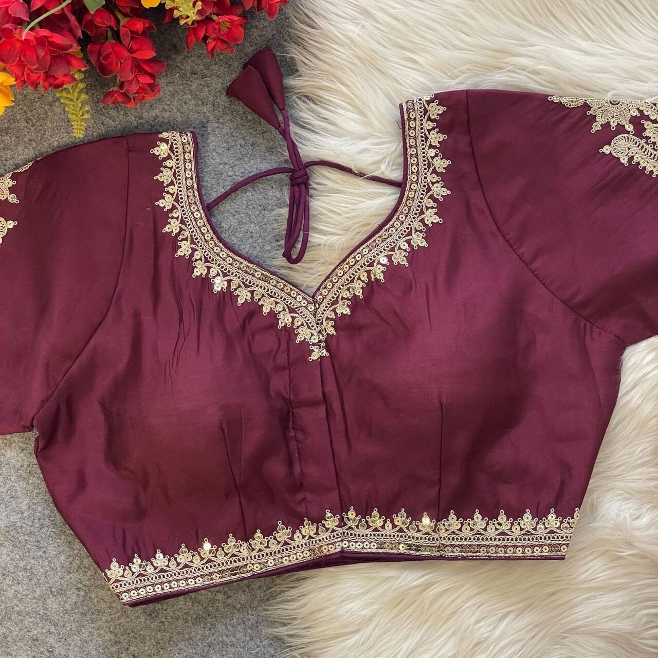 Wine Heavy Pure Roman Silk Embroidered Sequence Work Readymade Blouse Shopin Di Apparels