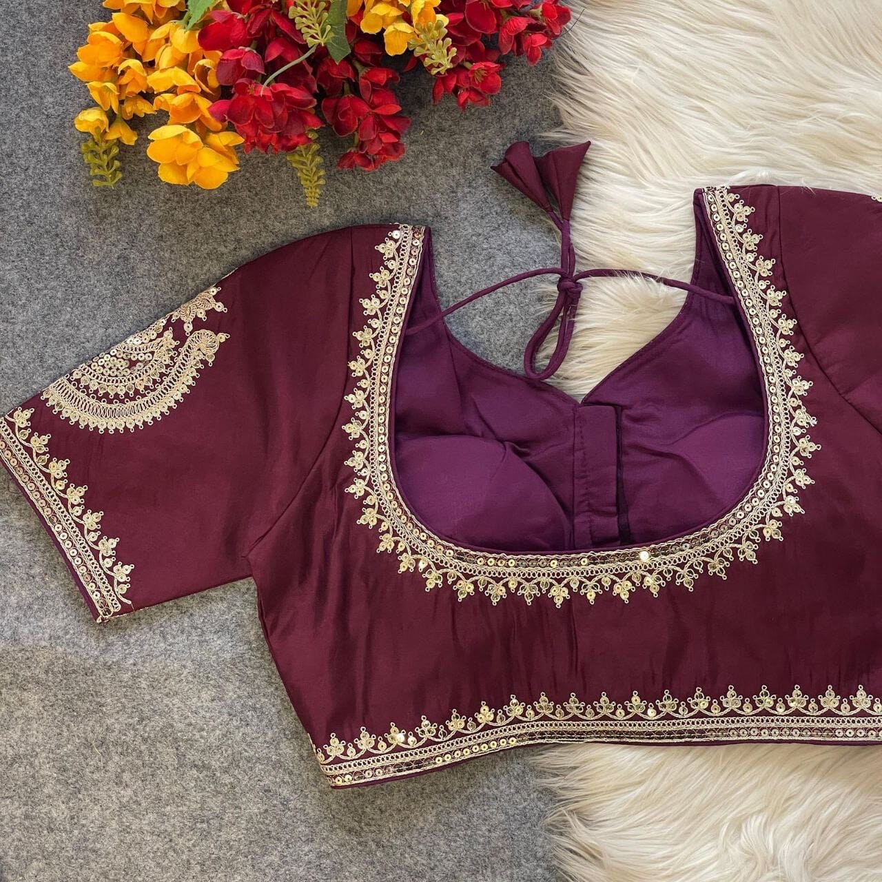 Wine Heavy Pure Roman Silk Embroidered Sequence Work Readymade Blouse Shopin Di Apparels