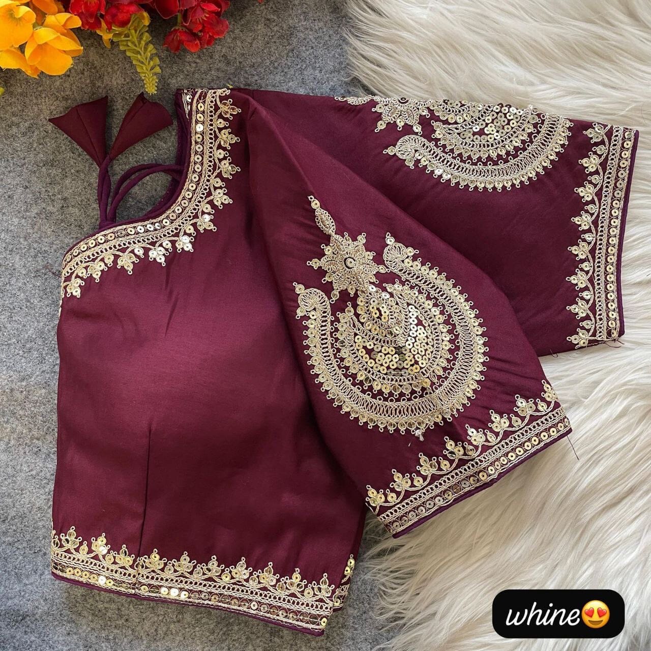 Wine Heavy Pure Roman Silk Embroidered Sequence Work Readymade Blouse Shopin Di Apparels