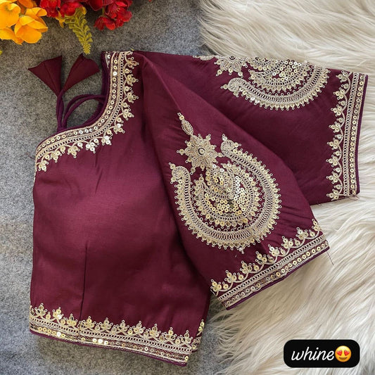 Wine Heavy Pure Roman Silk Embroidered Sequence Work Readymade Blouse Shopin Di Apparels