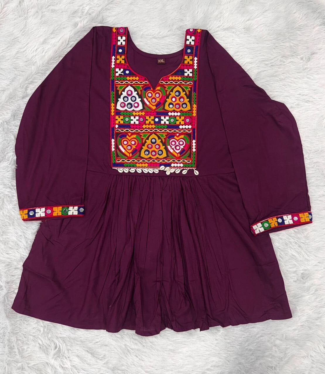 Wine Heavy Rayon Baby Doll Short Top With Gamthi Lace and mirror work Western Top Shopin Di Apparels