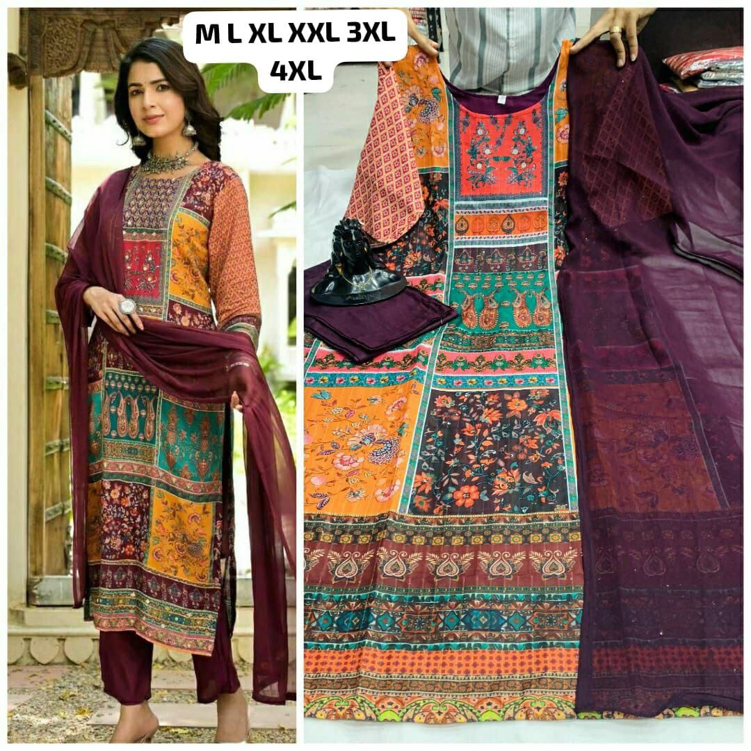 Wine Multicolour Printed Work Kurti with Dupatta and Bottom Kurti with Bottom and Dupatta Shopin Di Apparels