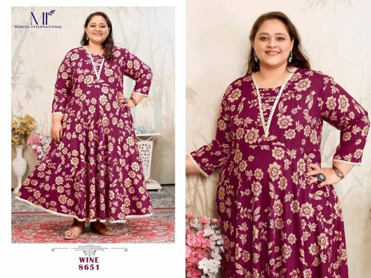 Wine Plus Size Printed Rayon Long Kurti Kurti Moksh