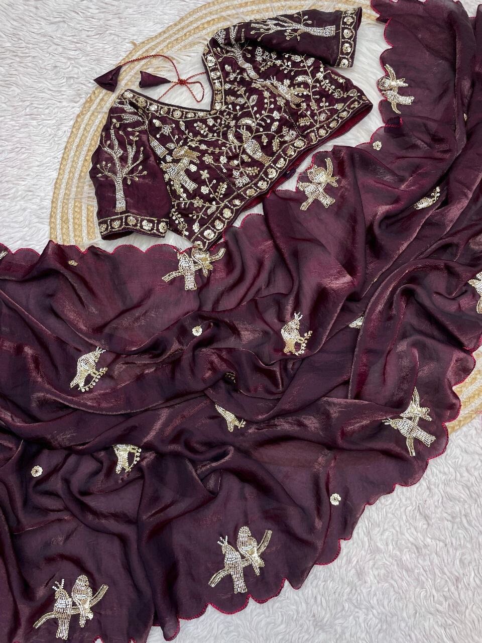 Wine Pure Satin Silk Designer Saree with Ready Made Handwork Blouse Designer saree Shopin Di Apparels