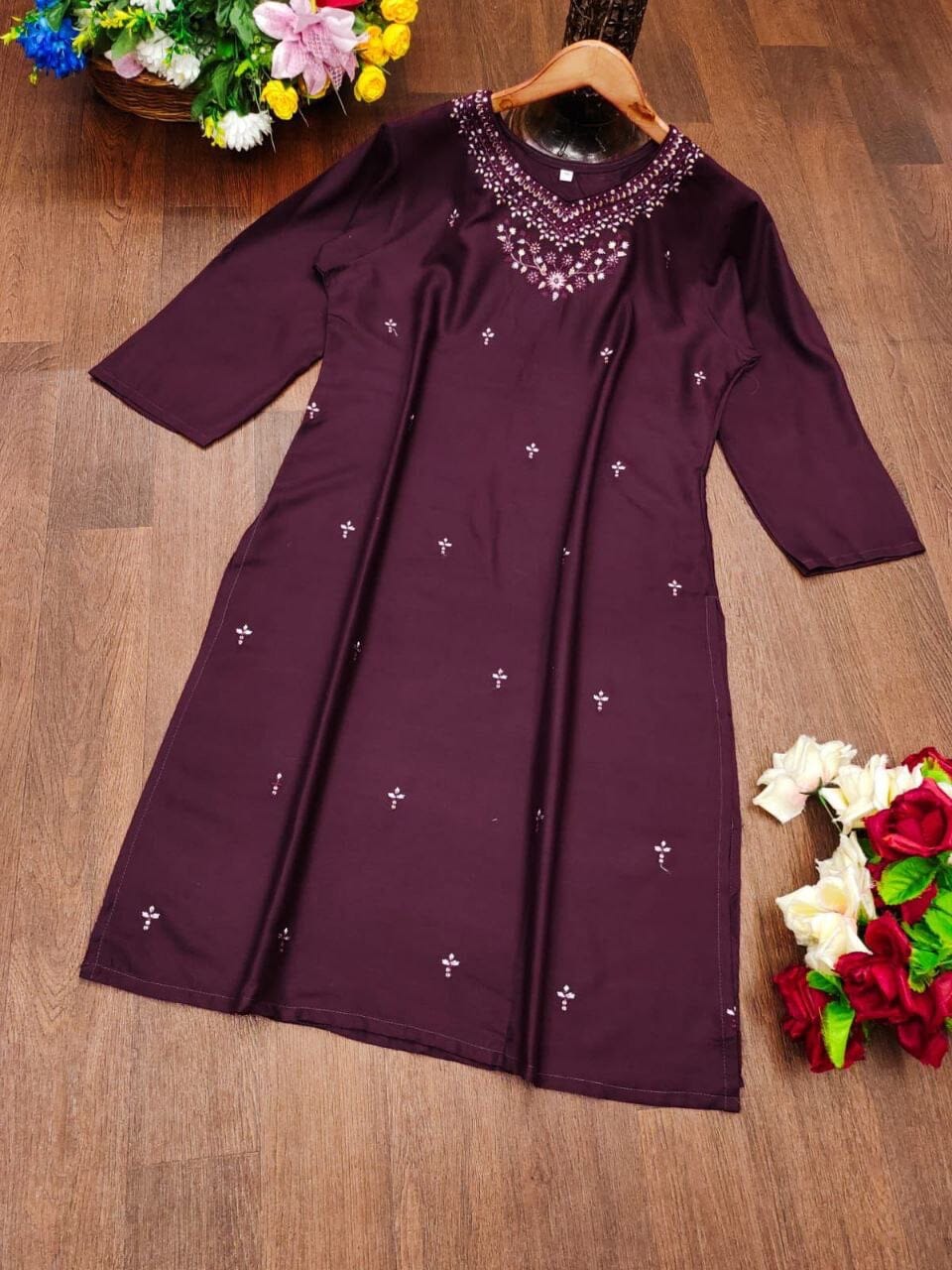 Wine Purple DHAMAKA Rayon Embroidered Kurti Kurti Shopin Di Apparels