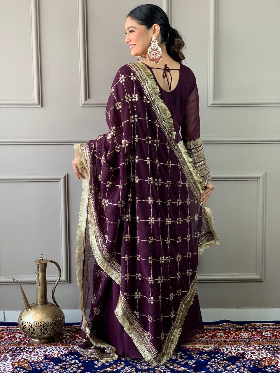 Wine Purple Georgette Gown with Embroidered Dupatta and Silk Pant Ready Made Designer Suits Shopin Di Apparels