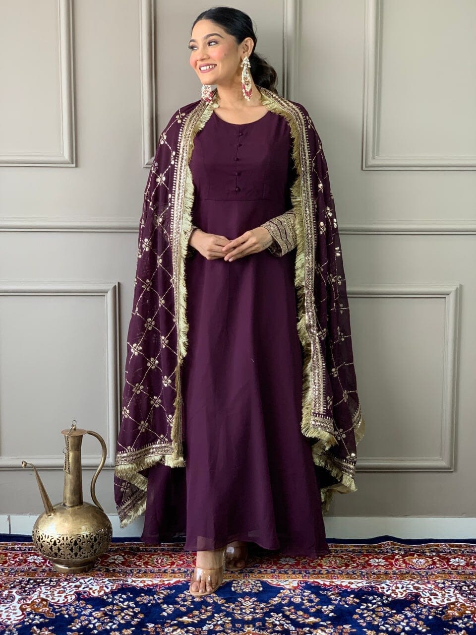 Wine Purple Georgette Gown with Embroidered Dupatta and Silk Pant Ready Made Designer Suits Shopin Di Apparels