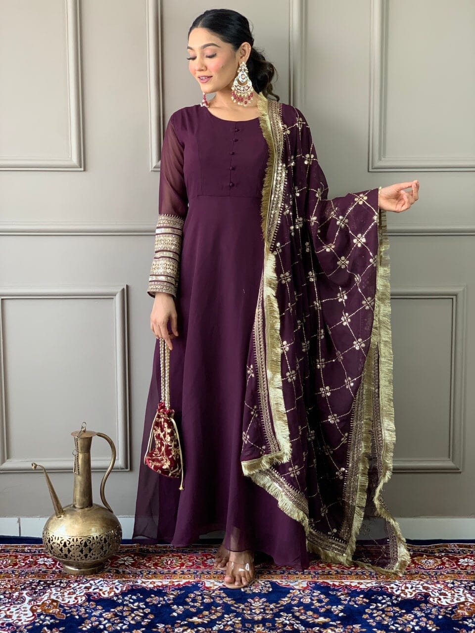 Wine Purple Georgette Gown with Embroidered Dupatta and Silk Pant Ready Made Designer Suits Shopin Di Apparels