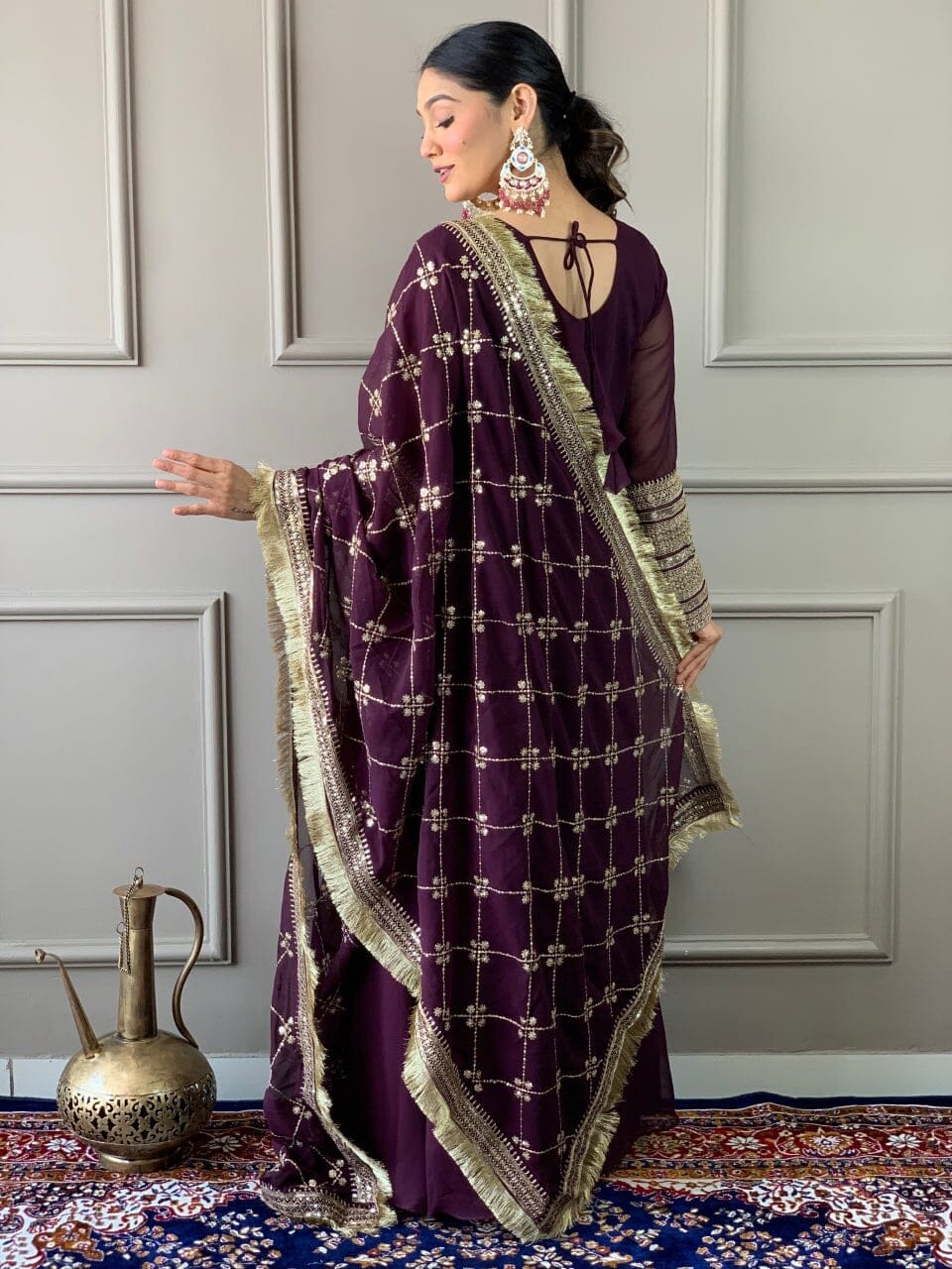 Wine Purple Georgette Gown with Embroidered Dupatta and Silk Pant Ready Made Designer Suits Shopin Di Apparels