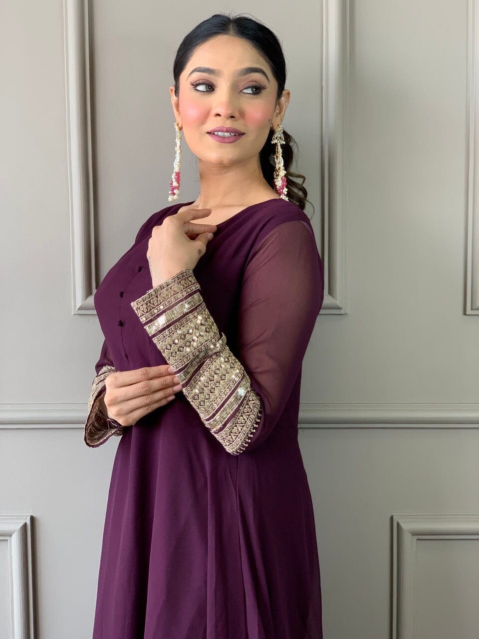 Wine Purple Georgette Gown with Embroidered Dupatta and Silk Pant Ready Made Designer Suits Shopin Di Apparels