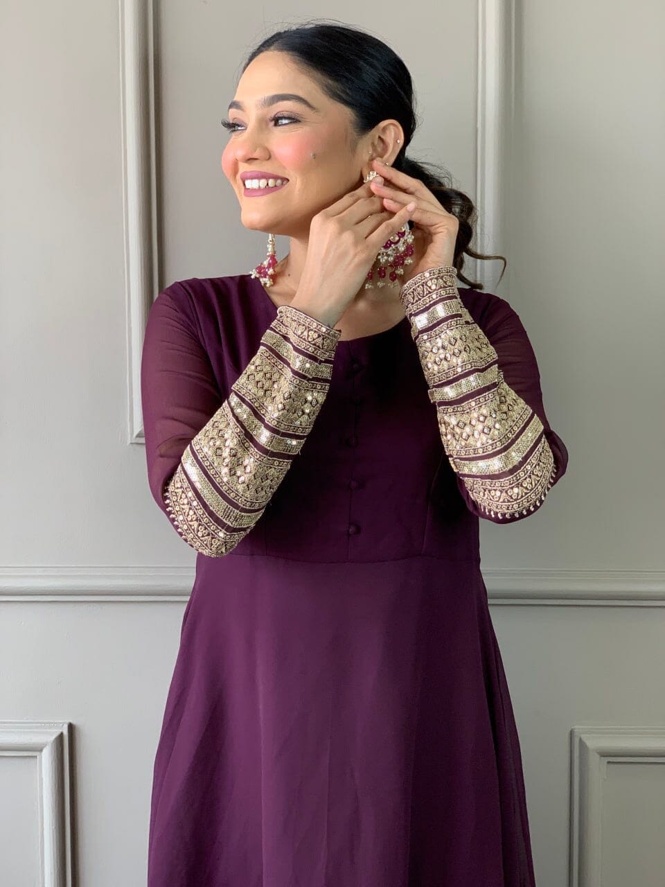 Wine Purple Georgette Gown with Embroidered Dupatta and Silk Pant Ready Made Designer Suits Shopin Di Apparels