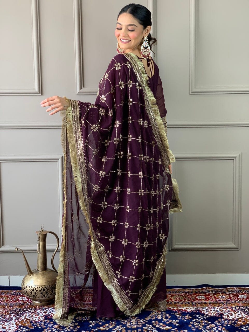 Wine Purple Georgette Gown with Embroidered Dupatta and Silk Pant Ready Made Designer Suits Shopin Di Apparels