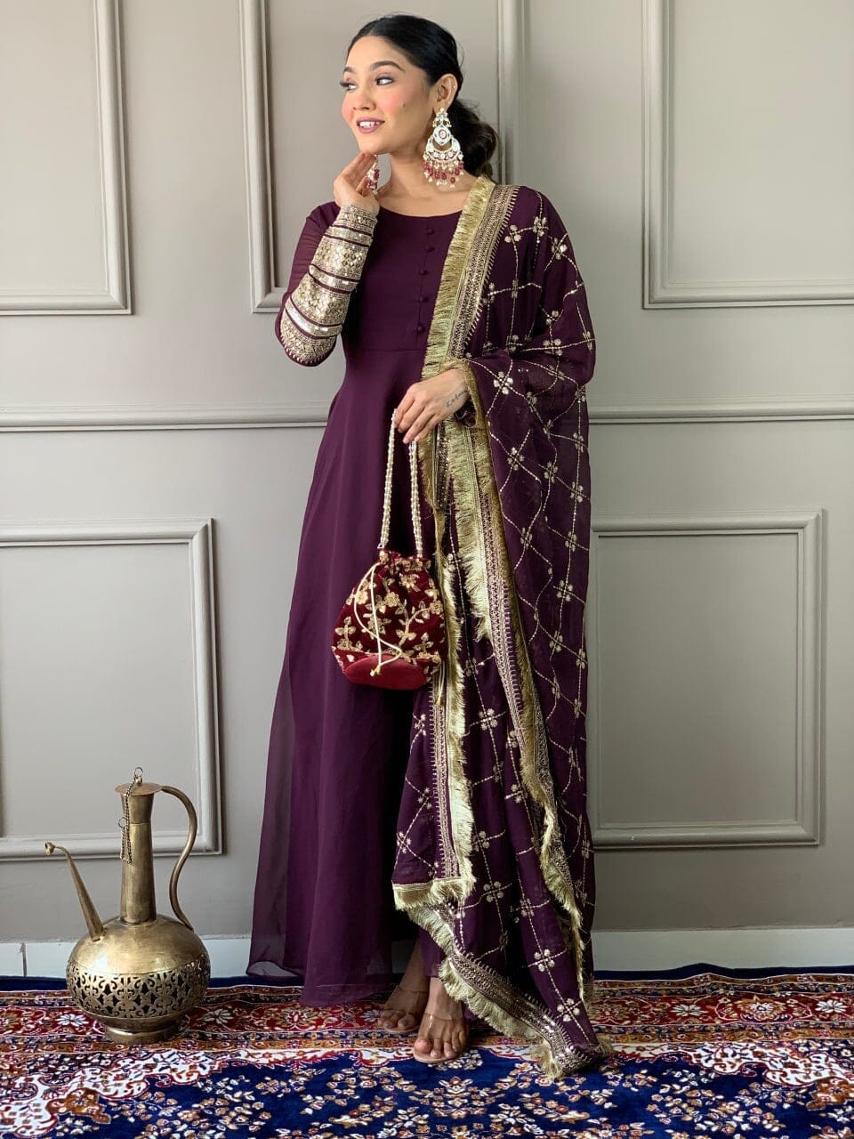 Wine Purple Georgette Gown with Embroidered Dupatta and Silk Pant Ready Made Designer Suits Shopin Di Apparels