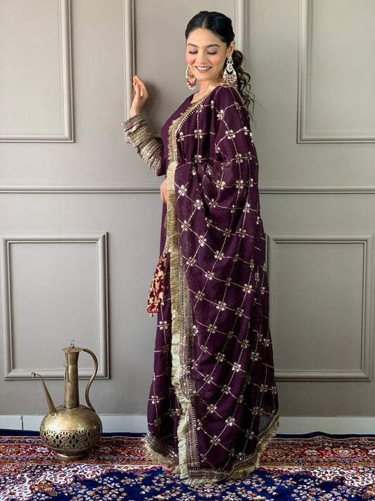 Wine Purple Georgette Gown with Embroidered Dupatta and Silk Pant Ready Made Designer Suits Shopin Di Apparels